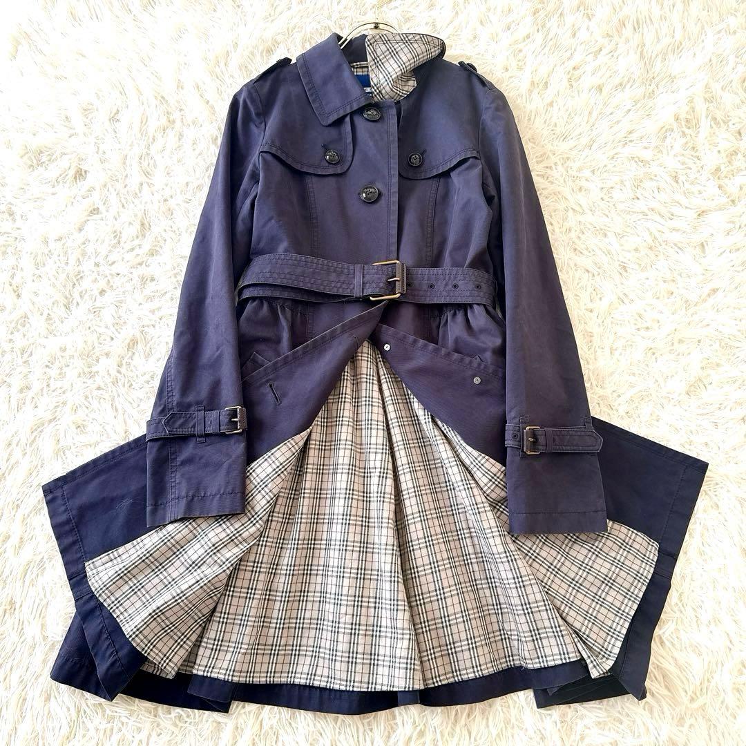 バーバリーブルーレーベル✨トレンチコート ノバチェック ベルト フレア 紺 38