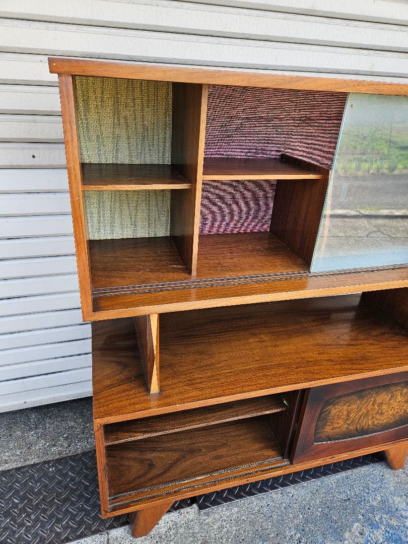 日本のヴィンテージ ガラスと木の飾り棚 ミッドセンチュリーモダン オープンラック