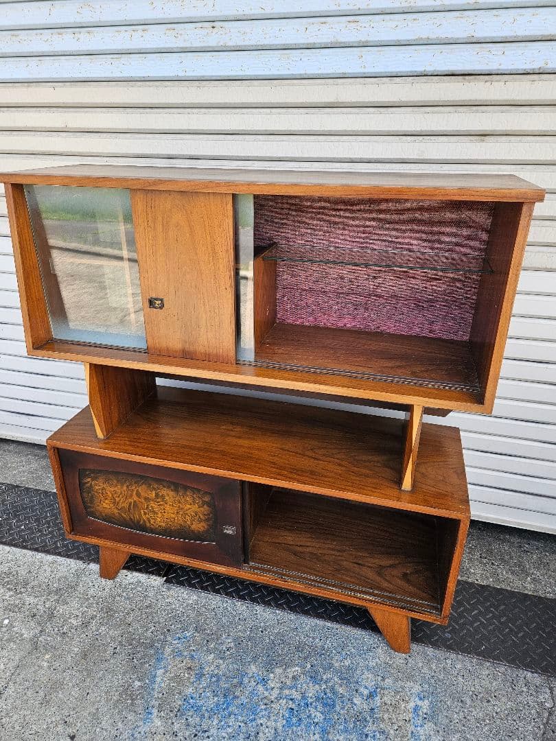 日本のヴィンテージ ガラスと木の飾り棚 ミッドセンチュリーモダン オープンラック