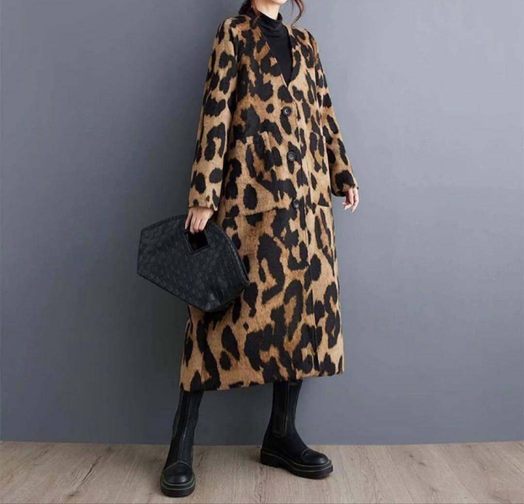 秋冬にぴったり❤️ゆったりオーバーサイズ ロングコート ヒョウ柄デートにも最適！