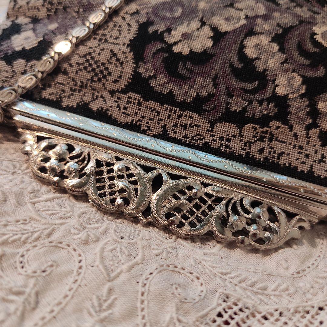 プチポワン　刺繍　ゴブラン　バック　ポーチ　アンティーク　ニードルポイント