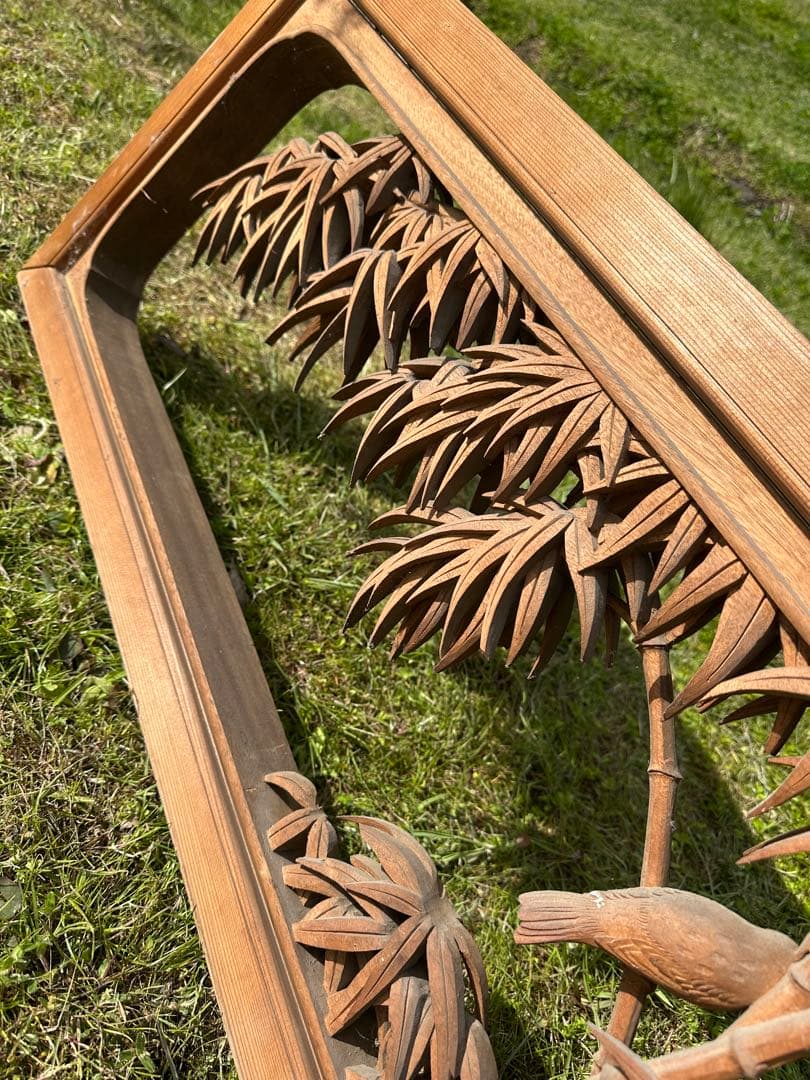 貴重【大島五雲　井波彫刻　特殊彫り 欄間】竹に雀　木彫り 彫刻