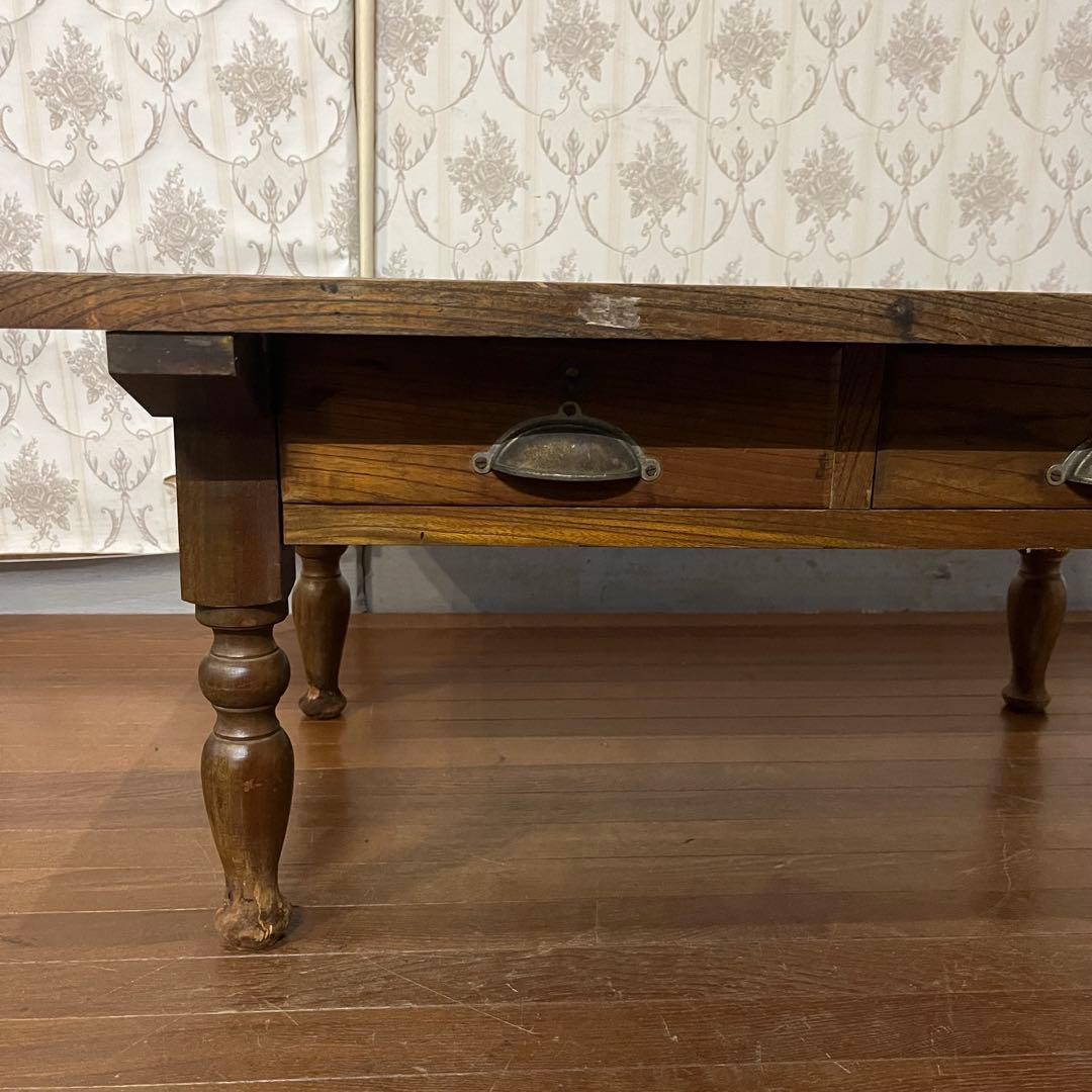 【アンティーク】木製 引出し付 ろくろ足 文机 ローテーブル 座卓 古家具