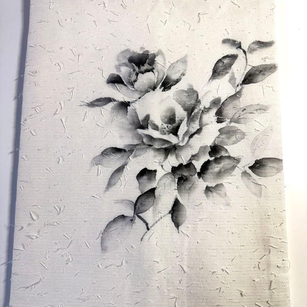 6k104 名古屋帯　絹　髭紬　白　黒　花柄　和装　着物