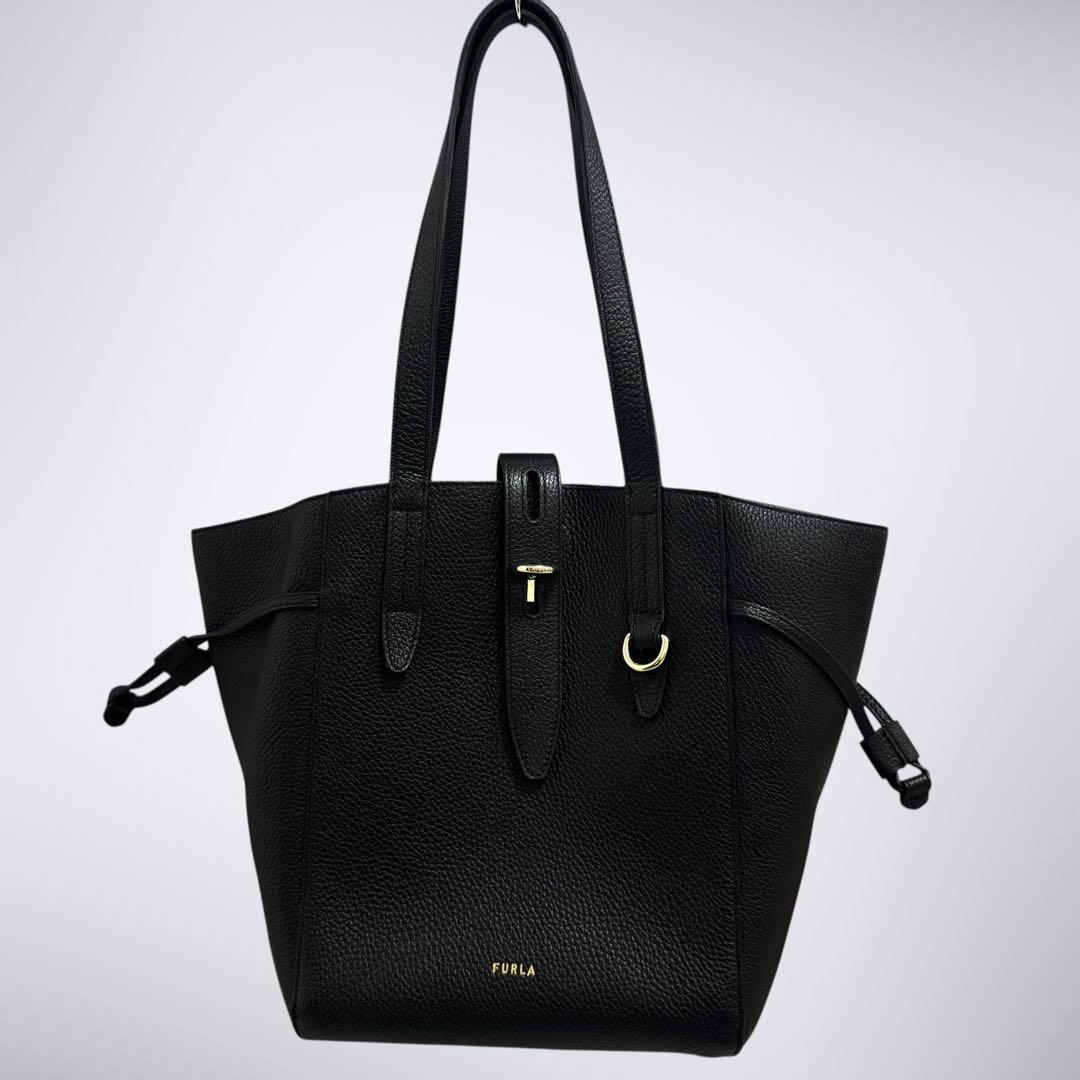極美品 FURLA フルラ ネット トートバッグ ブラック 黒 近年モデル シボ