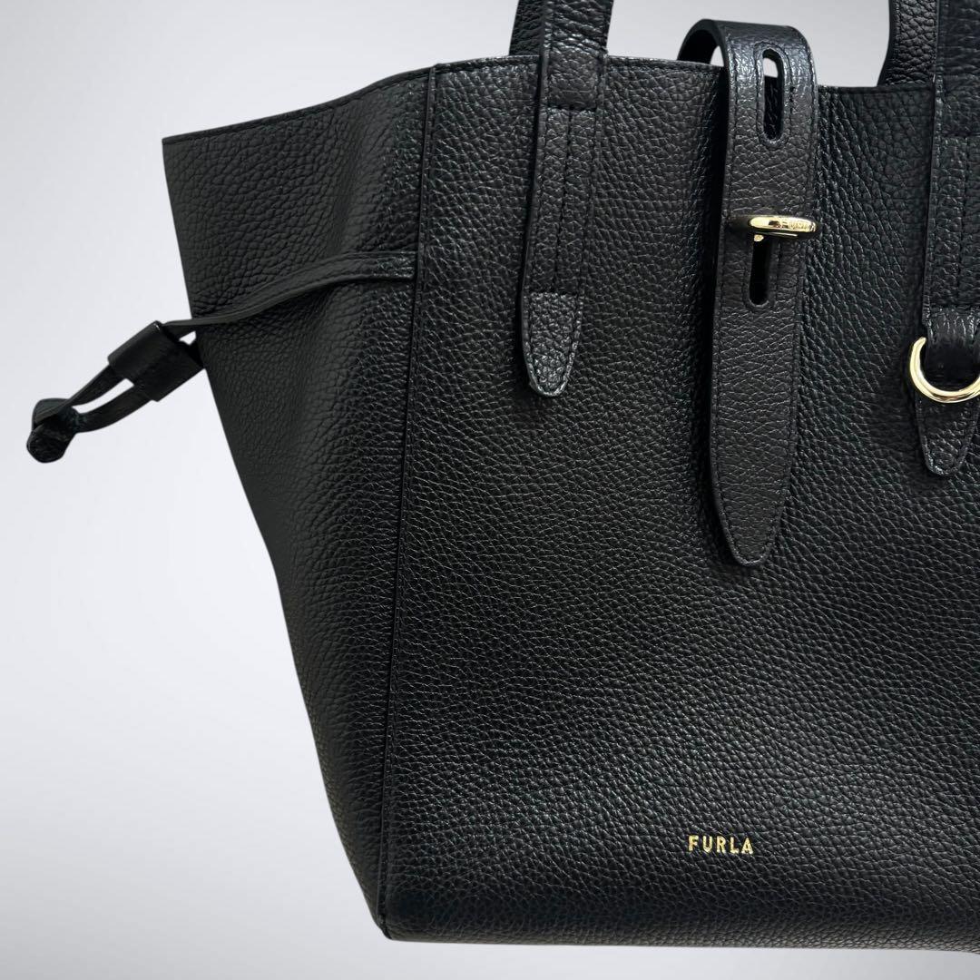 極美品 FURLA フルラ ネット トートバッグ ブラック 黒 近年モデル シボ