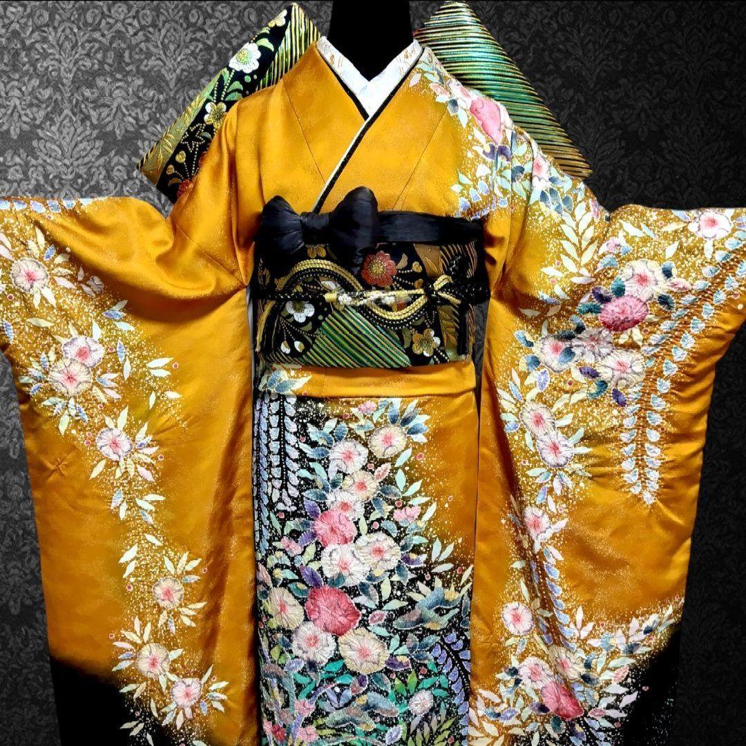 振袖フルセット(7点)・成人式・辻ヶ花・落款あり・翠山工房・花絞り・高級手縫い