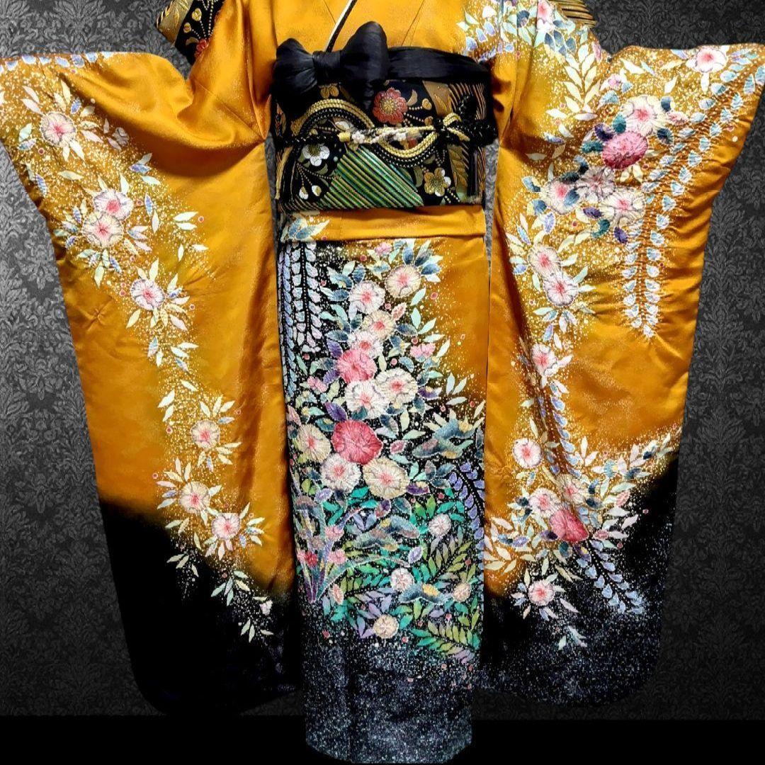 振袖フルセット(7点)・成人式・辻ヶ花・落款あり・翠山工房・花絞り・高級手縫い