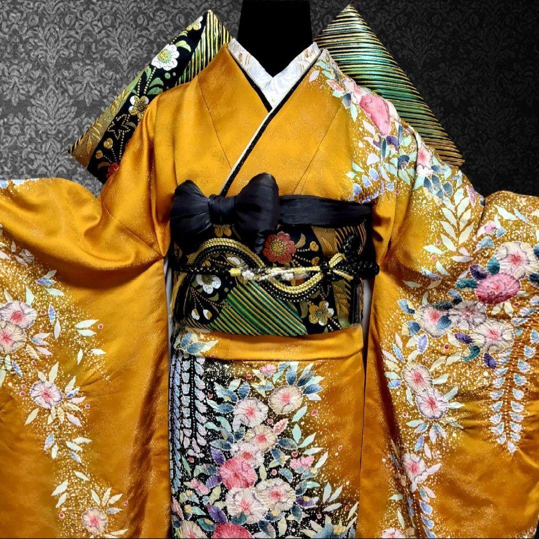 振袖フルセット(7点)・成人式・辻ヶ花・落款あり・翠山工房・花絞り・高級手縫い