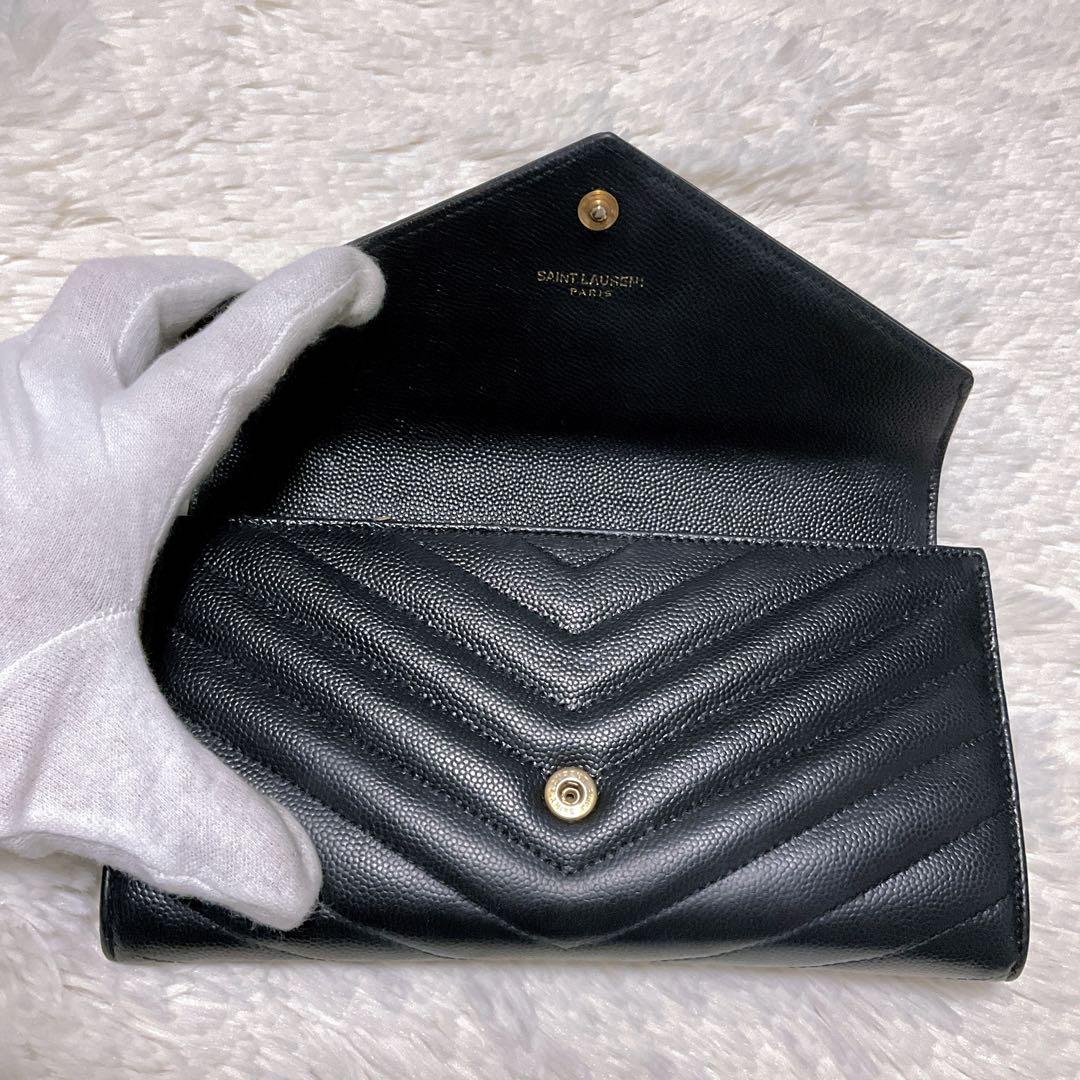 ♡美品♡イヴサンローラン 長財布 レザー Vステッチ キルティング カサンドラ黒
