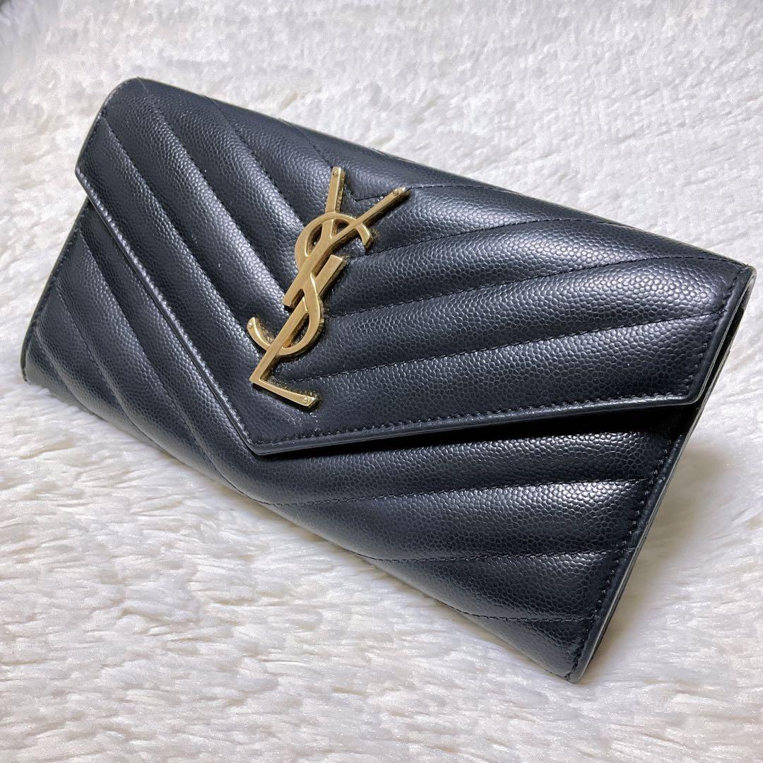 ♡美品♡イヴサンローラン 長財布 レザー Vステッチ キルティング カサンドラ黒
