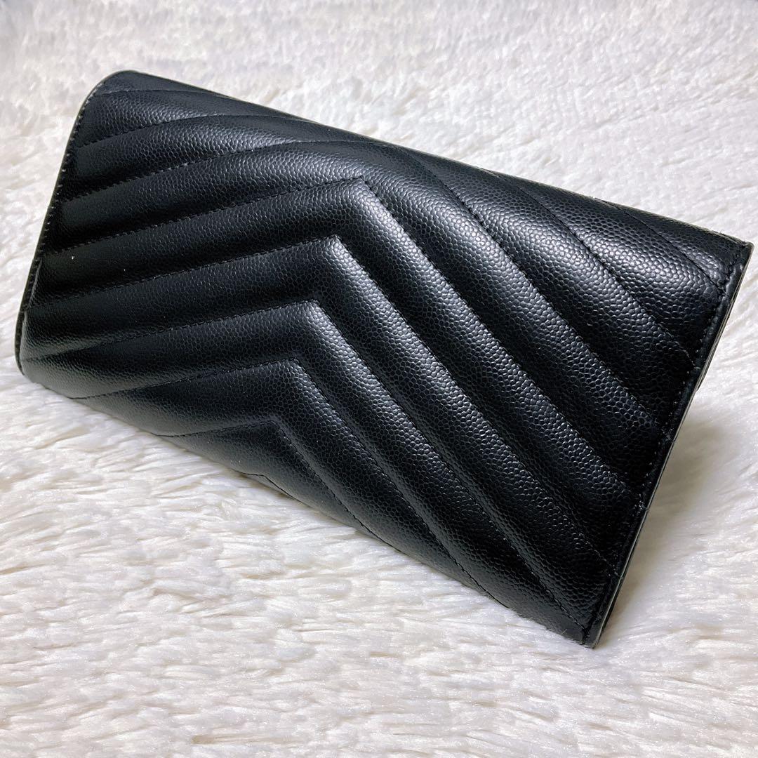 ♡美品♡イヴサンローラン 長財布 レザー Vステッチ キルティング カサンドラ黒