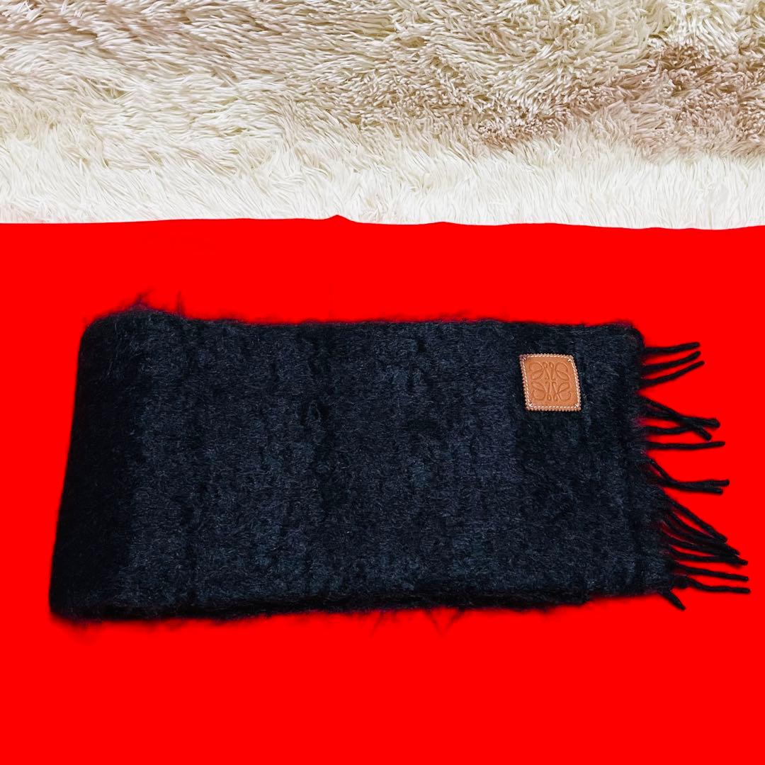 【美品】LOEWE ロエベ モヘア アナグラム レザーパッチ ストール ブラック