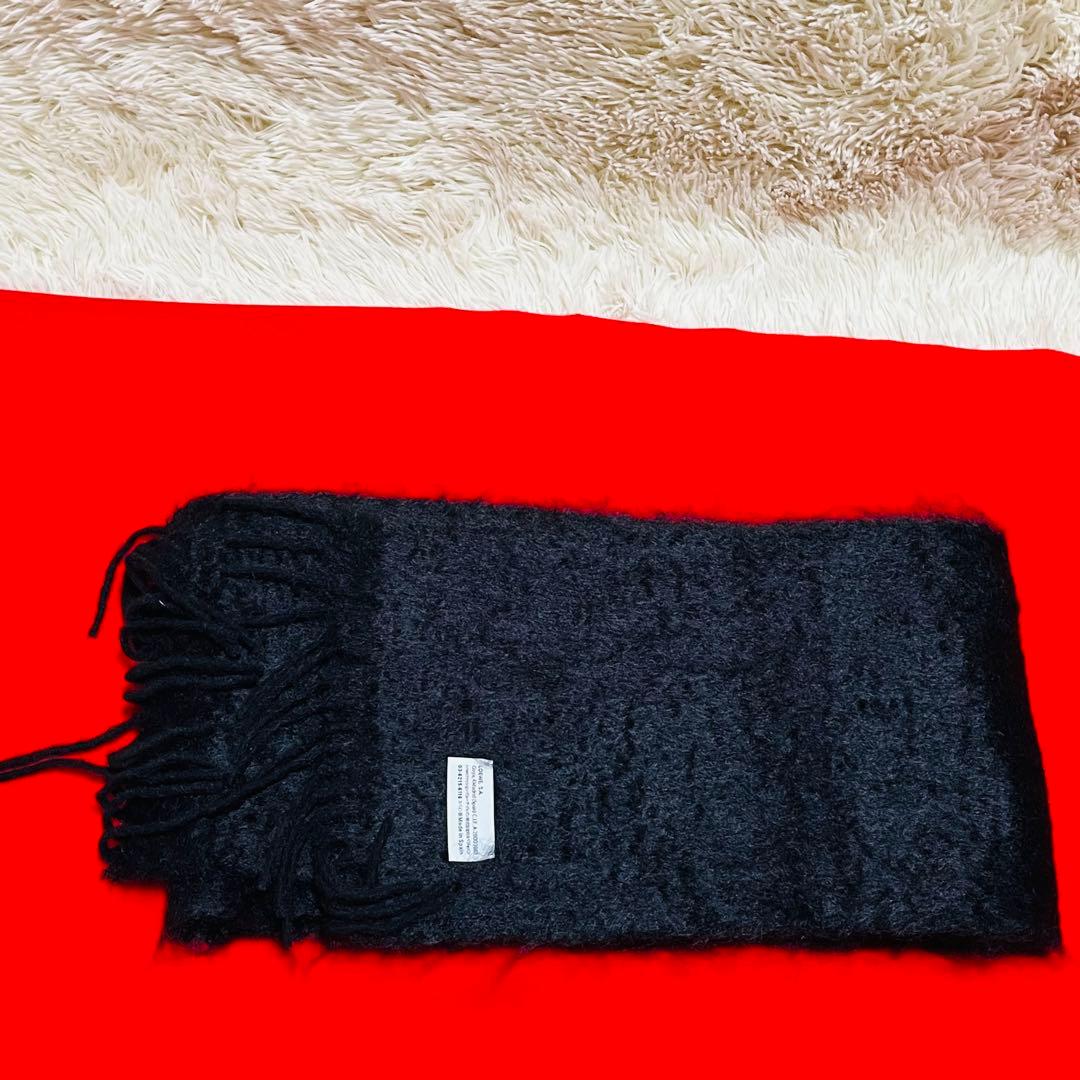 【美品】LOEWE ロエベ モヘア アナグラム レザーパッチ ストール ブラック