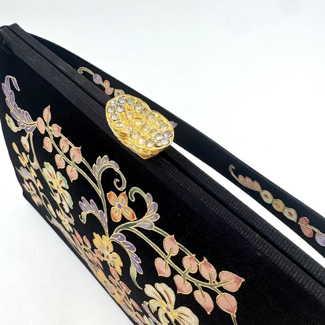 皇室御用達✨岡重　OKAJIMA　絹 100%　和装　ハンドバッグ　ビジュー　黒