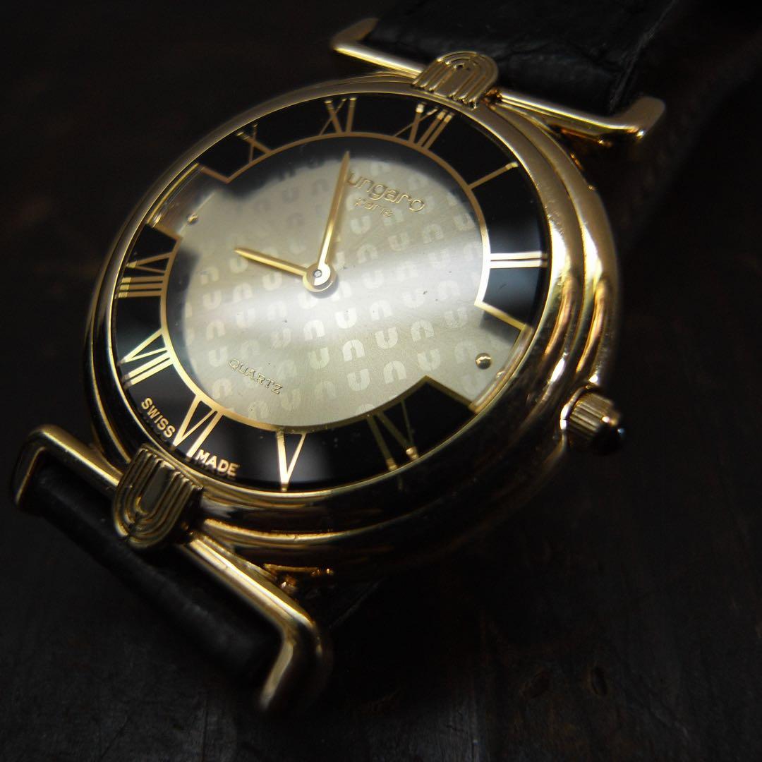 ungaro paris ウンガロ スイス製 クォーツ 腕時計 黒金
