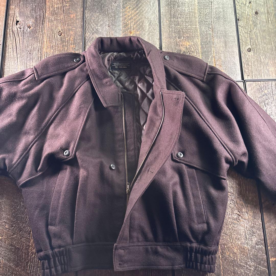 古着　メルトンウール　ボンバージャケット　焦茶　L 太アーム　短丈ジャケット