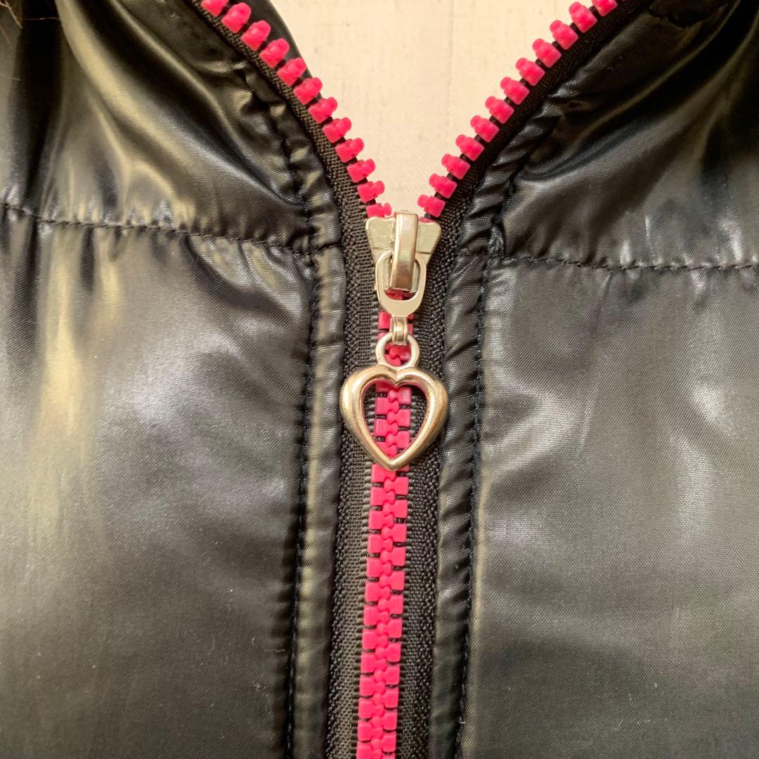 y2k グランジ 微光沢ファー付きフード黒×ピンク中綿ジャケット ダウン風