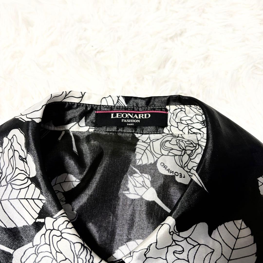 【美品】レオナール モノトーン 花柄シャツワンピース9AR ポリエステル