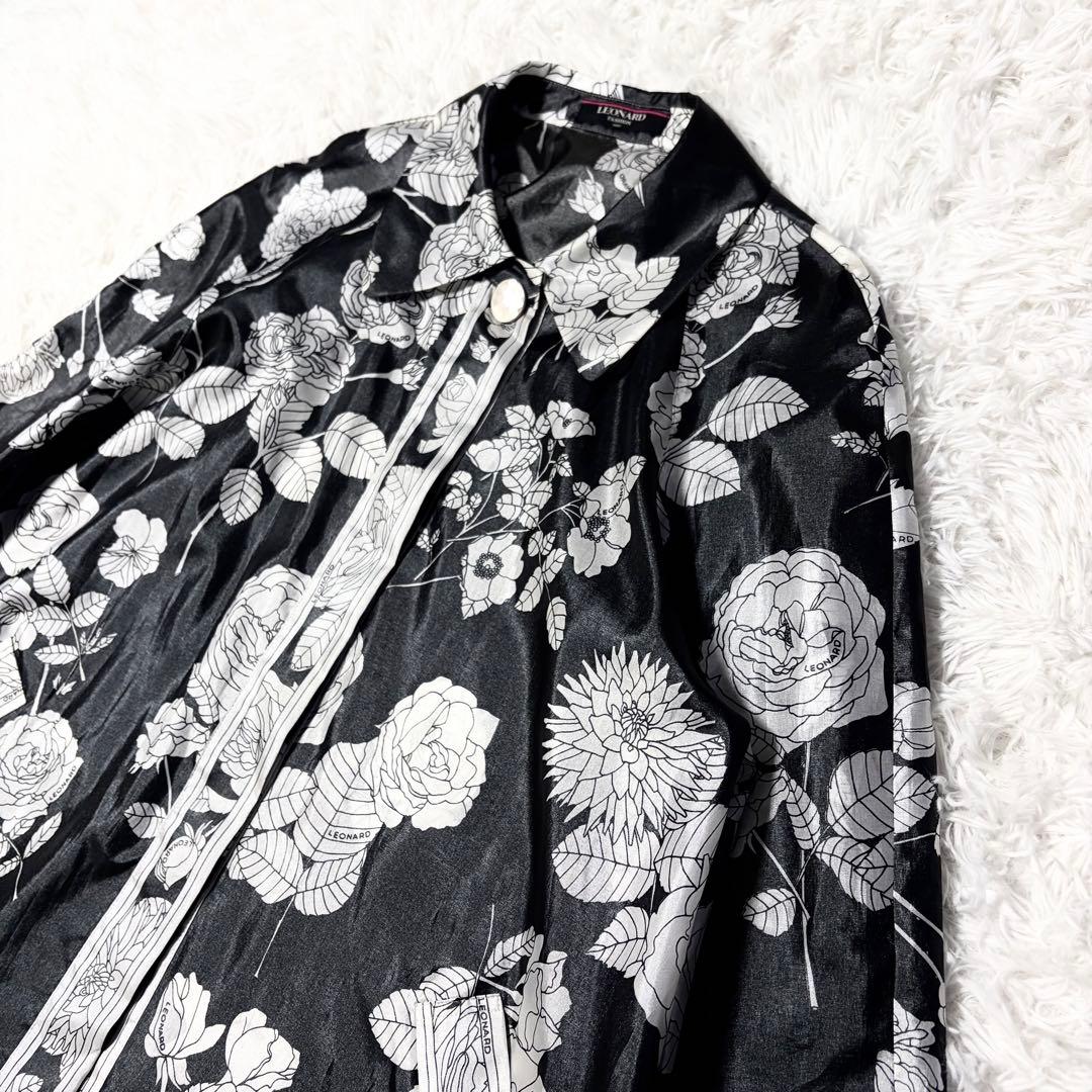 【美品】レオナール モノトーン 花柄シャツワンピース9AR ポリエステル