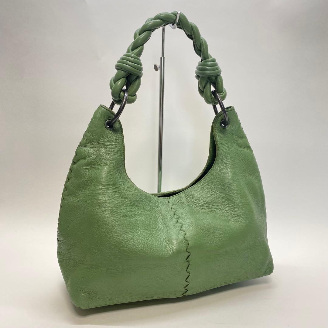 ボッテガヴェネタ グリーン ワンショルダーバッグ 編み込みハンドル