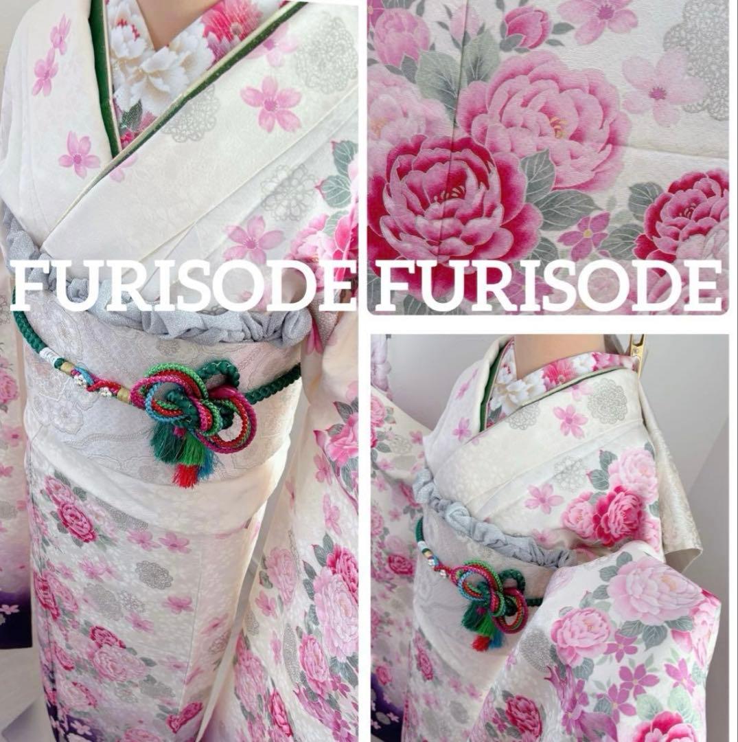 未使用に近い　正絹豪華振袖フルセット　薔薇　花柄　ホワイト　白地　成人式に