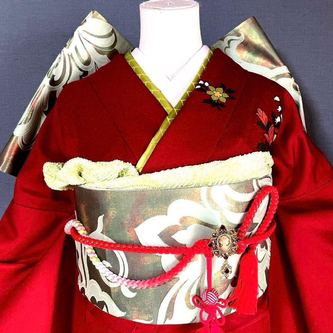 振袖フルセット　手描き友禅　成人式振袖　振袖　裄丈68 バタフライ　赤