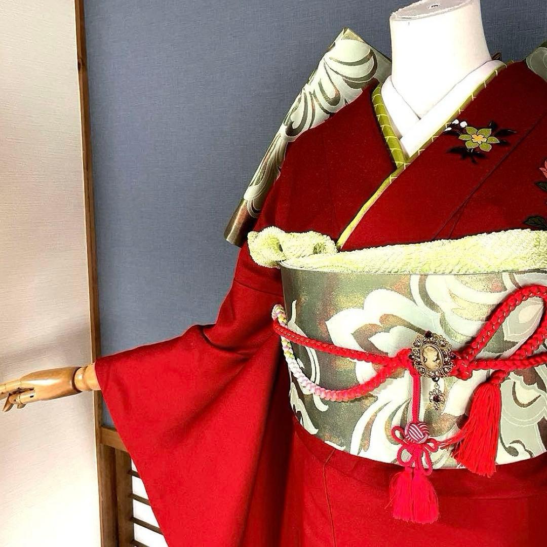 振袖フルセット　手描き友禅　成人式振袖　振袖　裄丈68 バタフライ　赤