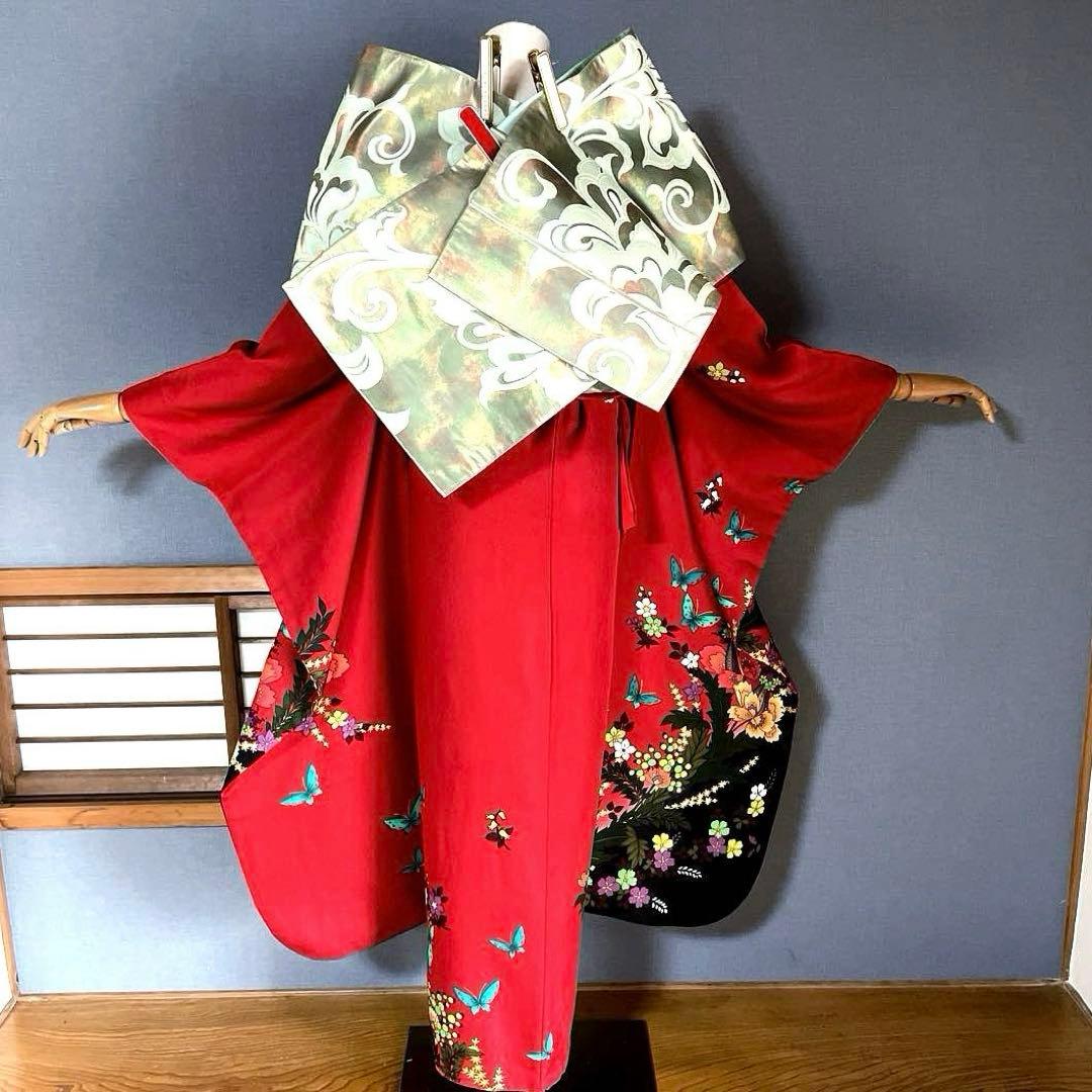 振袖フルセット　手描き友禅　成人式振袖　振袖　裄丈68 バタフライ　赤