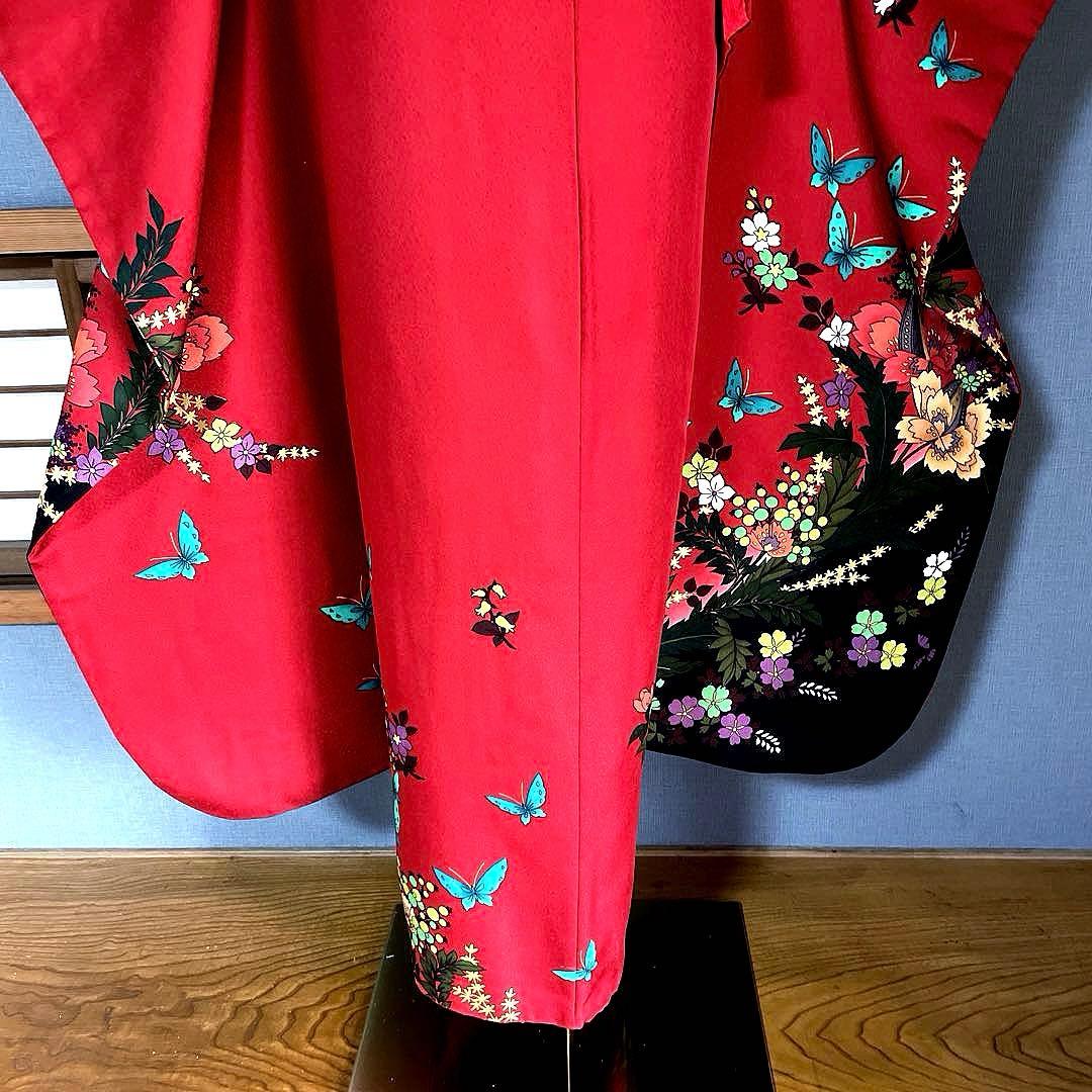 振袖フルセット　手描き友禅　成人式振袖　振袖　裄丈68 バタフライ　赤