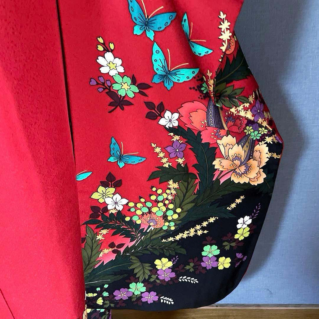 振袖フルセット　手描き友禅　成人式振袖　振袖　裄丈68 バタフライ　赤