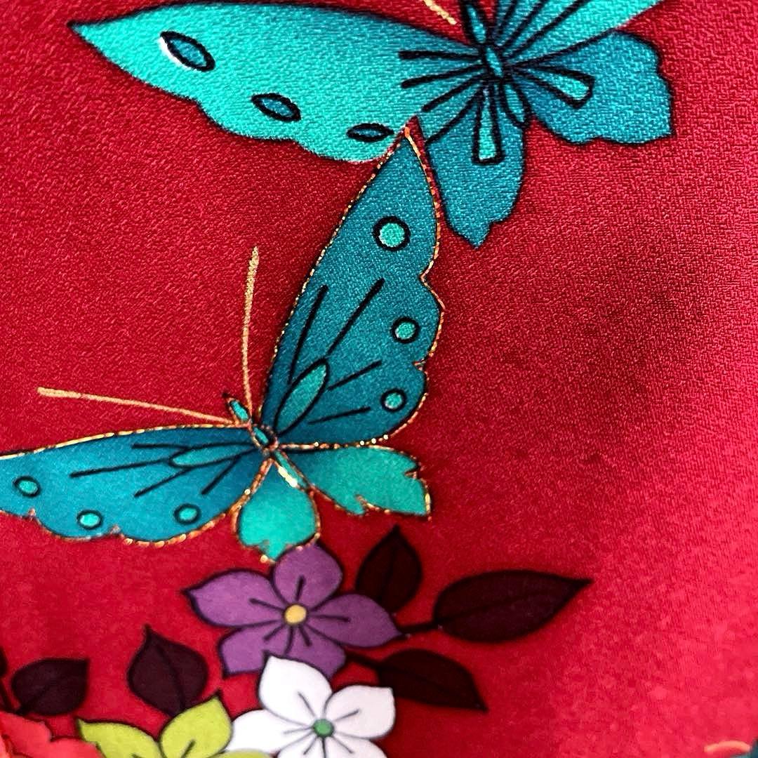 振袖フルセット　手描き友禅　成人式振袖　振袖　裄丈68 バタフライ　赤