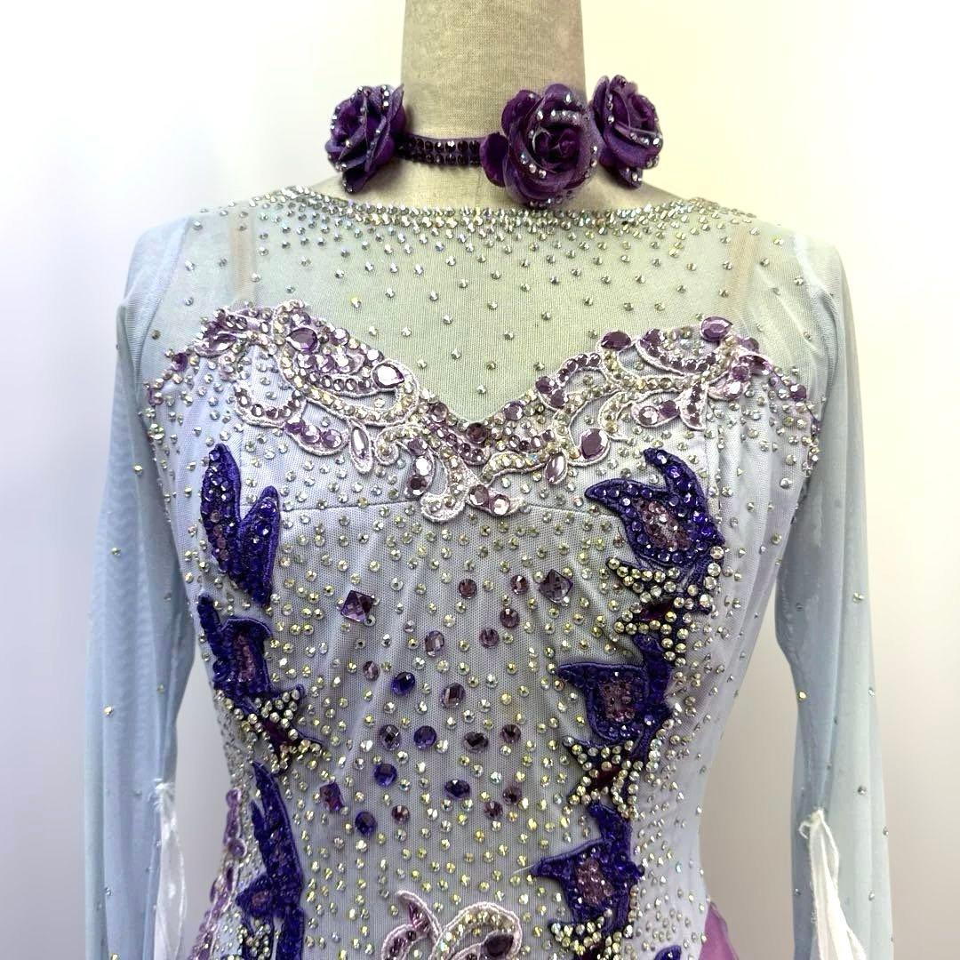 6313★白樺ドレス★M 紫 スワロミックス スタンダードドレス 社交ダンス