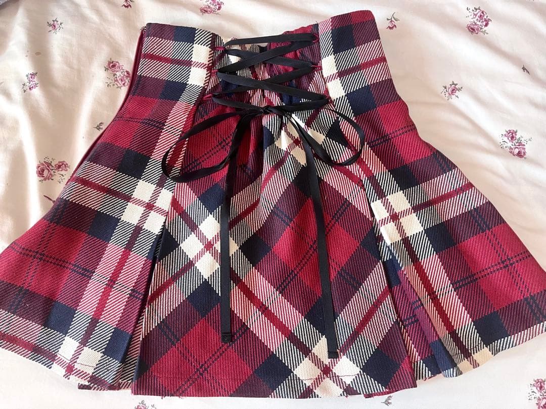 ミシェルマカロン フレアチェックスカート レッド 赤 チェックスカート XS