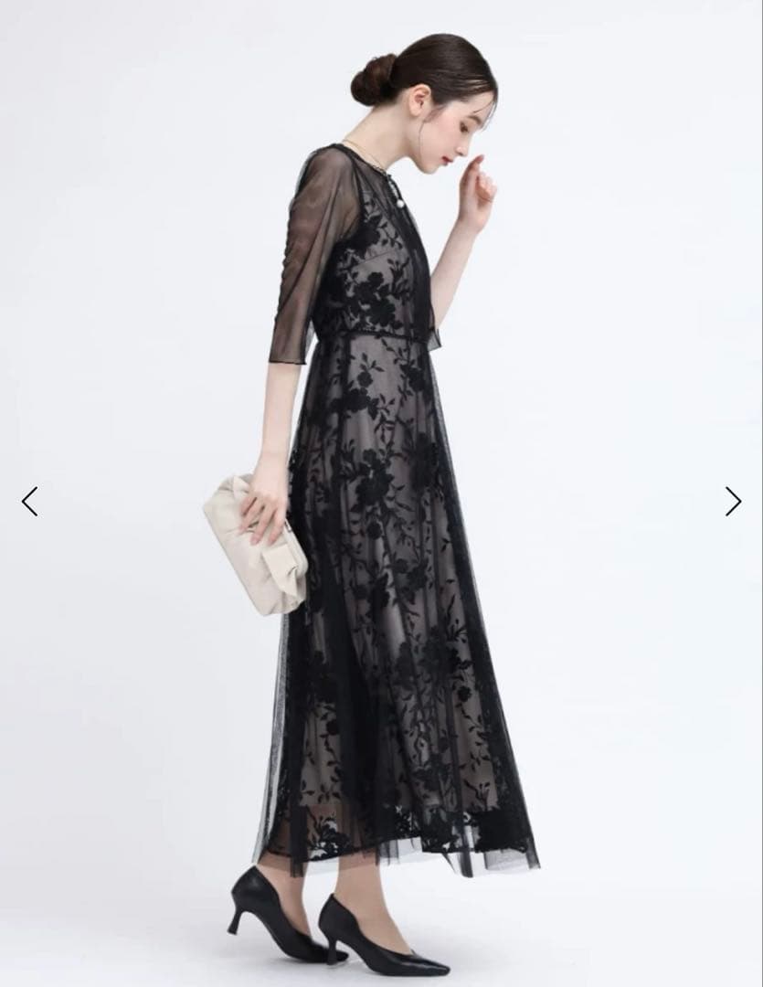 Rire Fete チュールレイヤードフラワー刺繍ドレス　ブラック　9号　結婚式