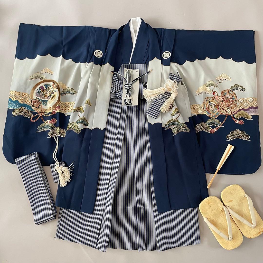 七五三　5歳　正絹　羽織　袴セット　ネイビーコーデ