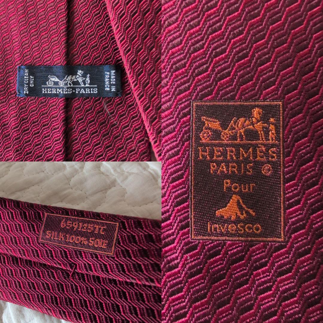 ★美品★HERMES　エルメス　ネクタイ　レッド　波模様　ビジネス　シルク
