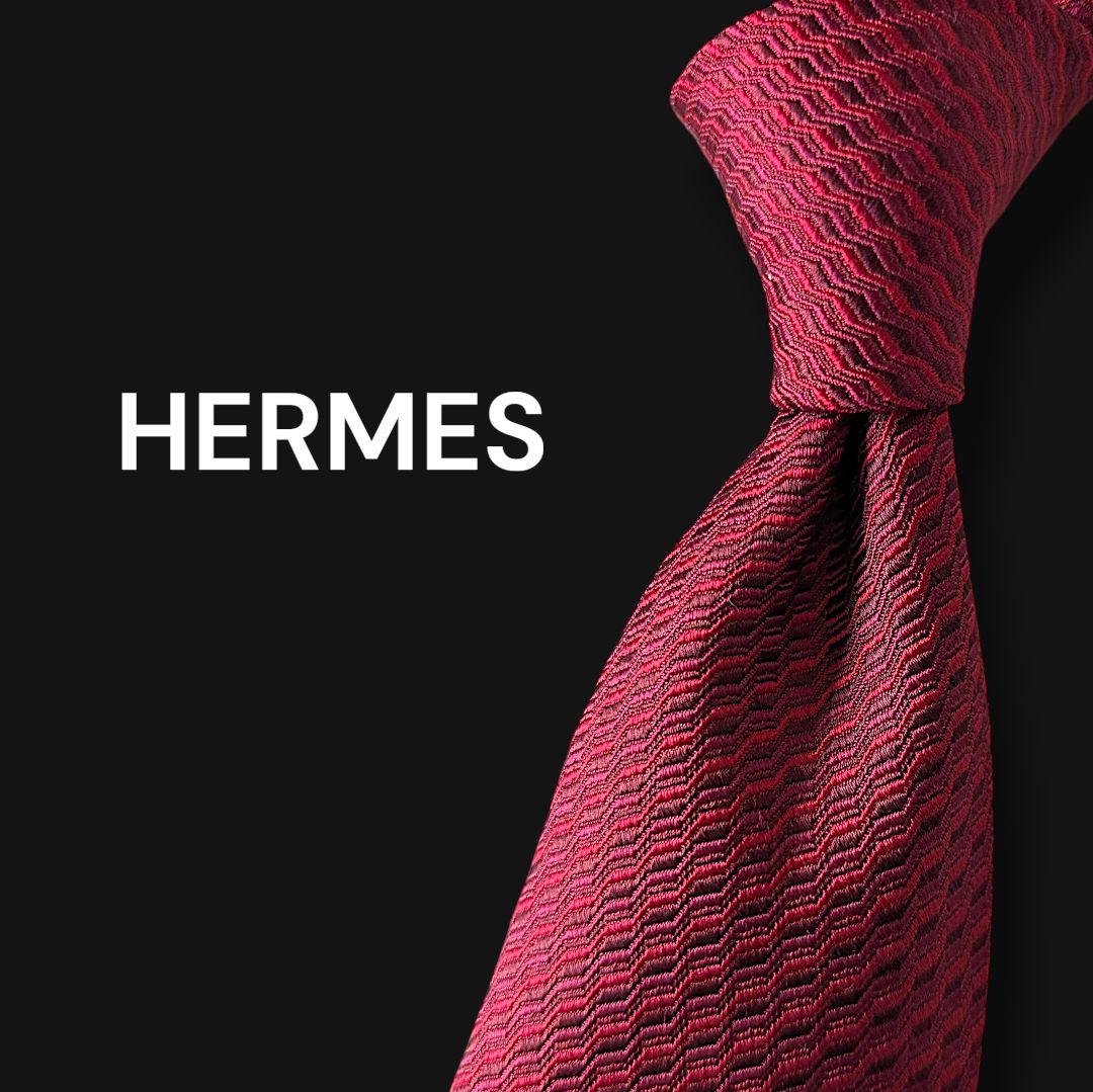 ★美品★HERMES　エルメス　ネクタイ　レッド　波模様　ビジネス　シルク