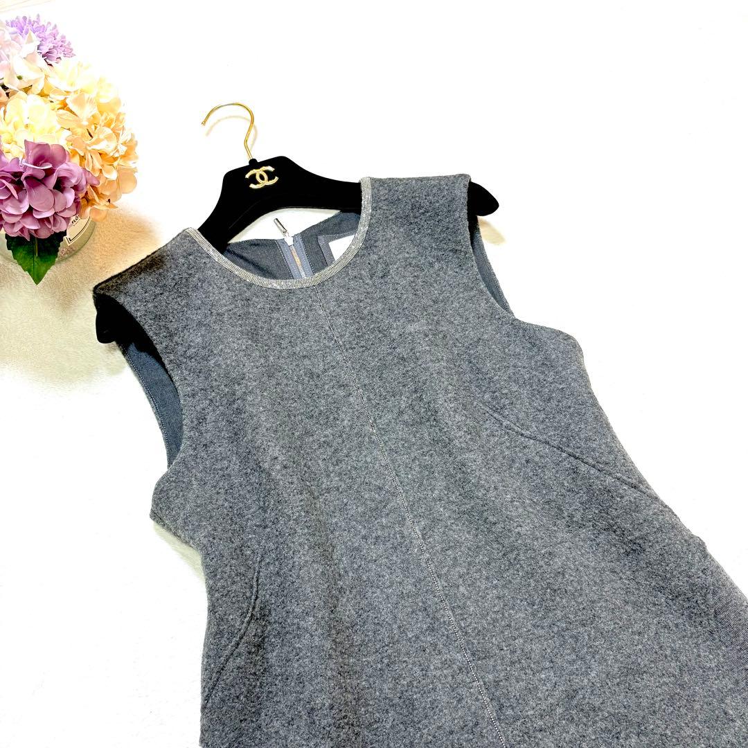 MORABITO STYLE 38 ウールワンピース グレー モニーレ装飾