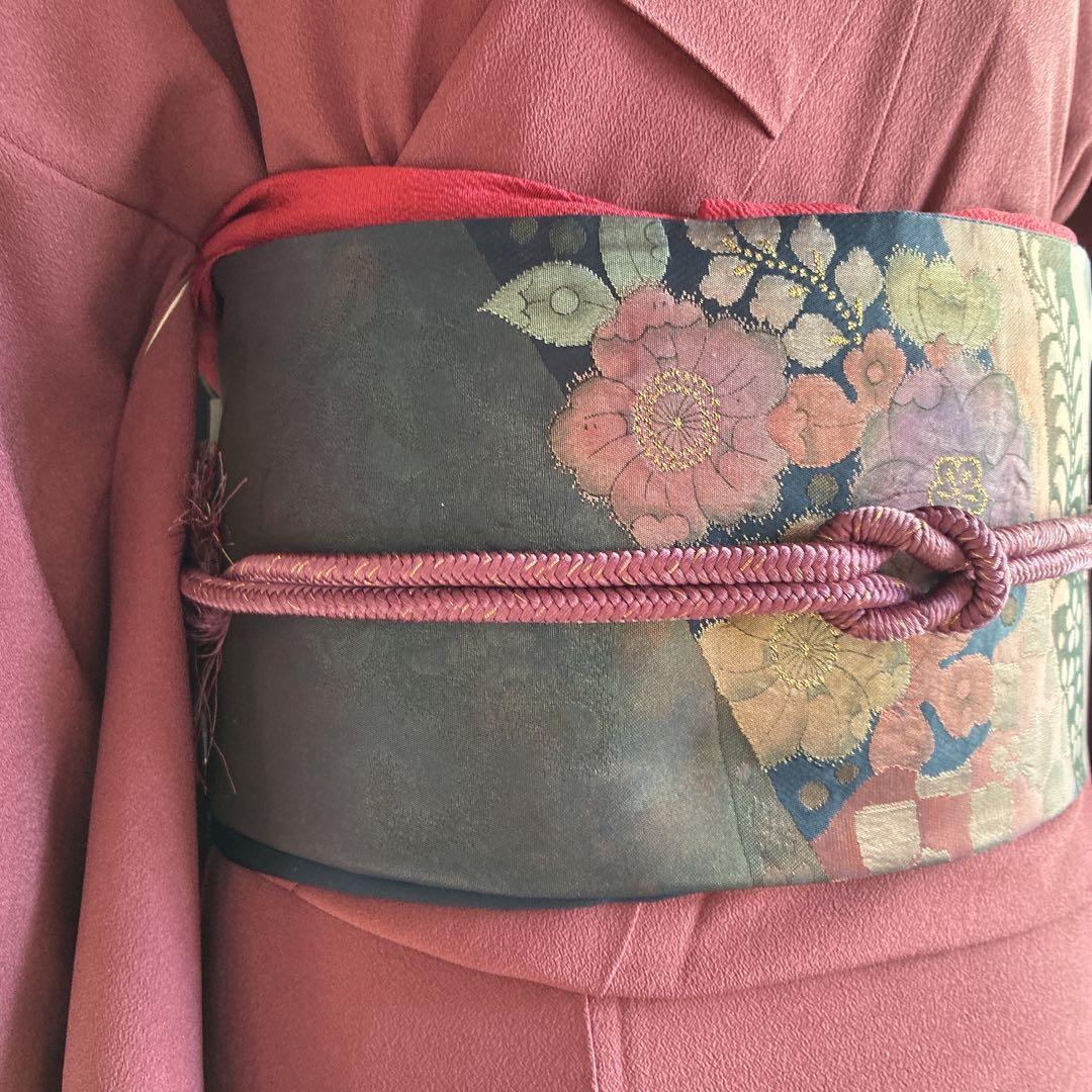 色無地　フルセット　着物　正絹　一つ紋　辻ヶ花の帯　赤紫　N5