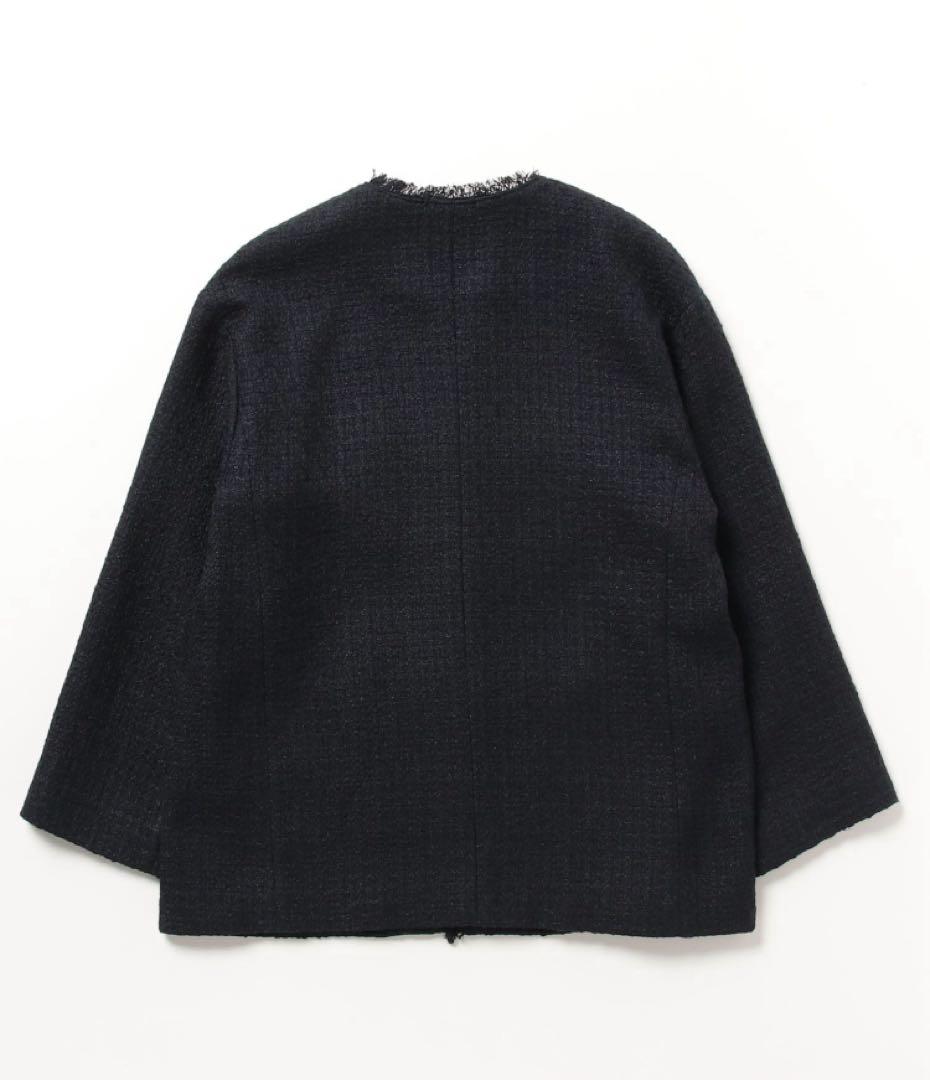 green label relaxingノーカラージャケット ネイビーツイード風