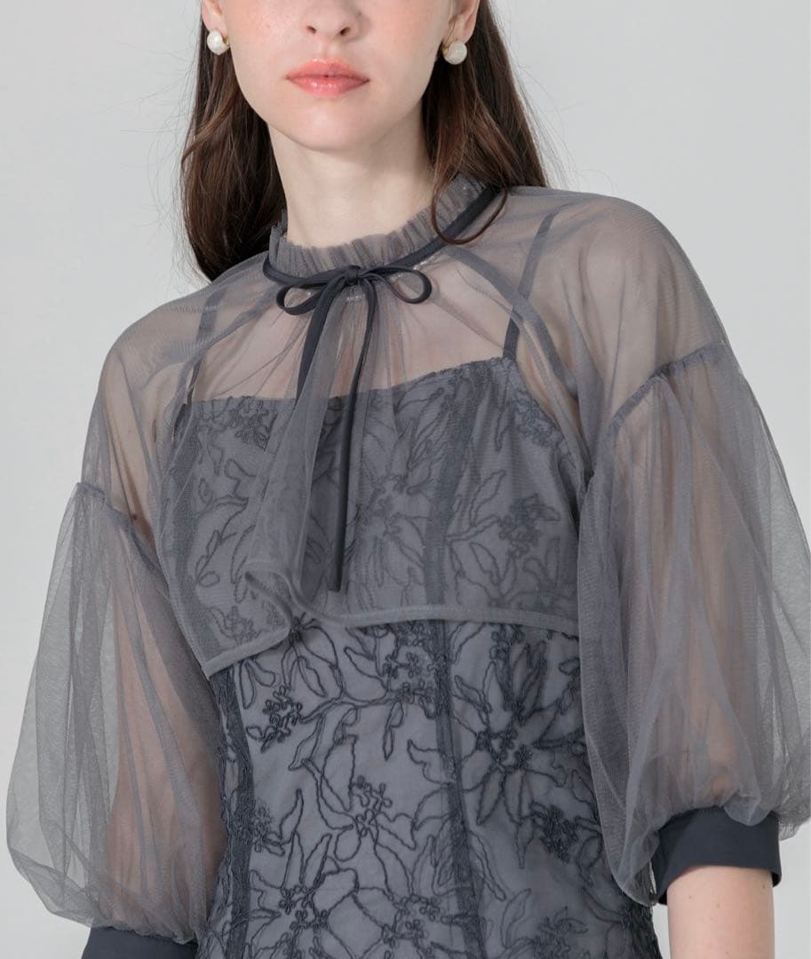 Leja マーメイドシルエットキャミワンピースリボン付きシアーパフスリーブ　S