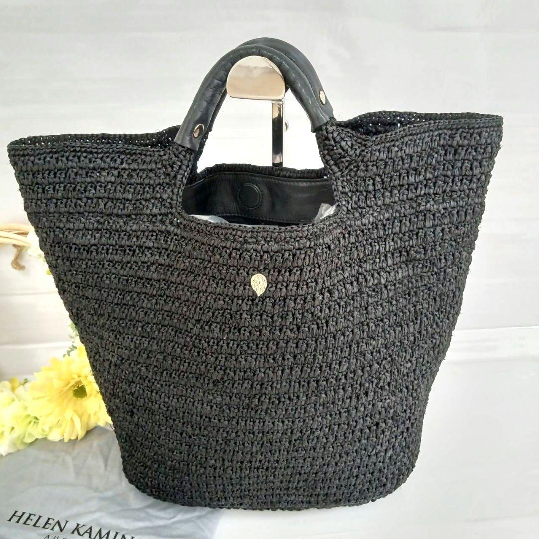 保存袋付き ヘレンカミンスキー カコバック リーフロゴ ラフィア レザー 黒