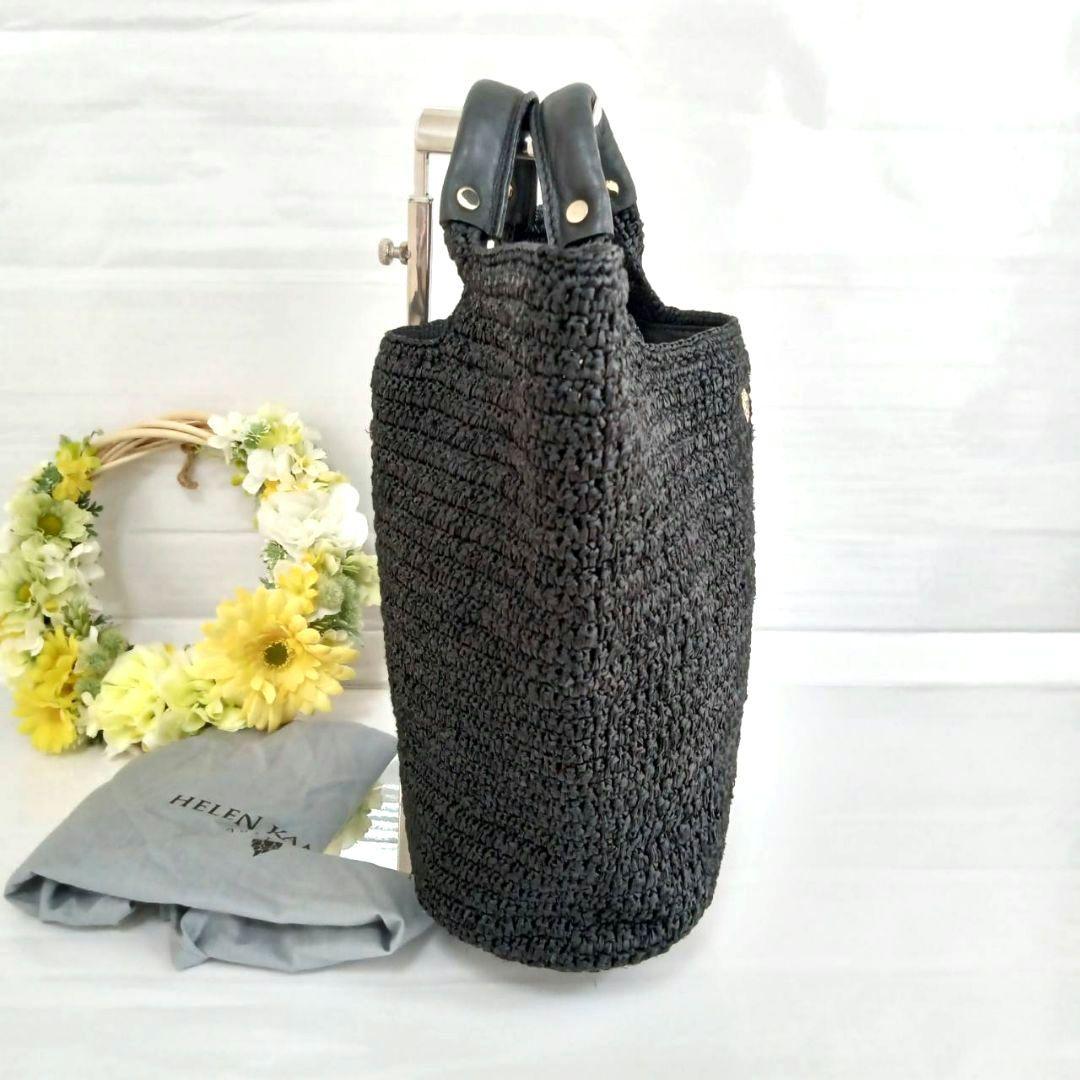 保存袋付き ヘレンカミンスキー カコバック リーフロゴ ラフィア レザー 黒