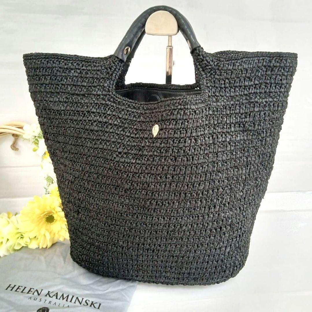 保存袋付き ヘレンカミンスキー カコバック リーフロゴ ラフィア レザー 黒