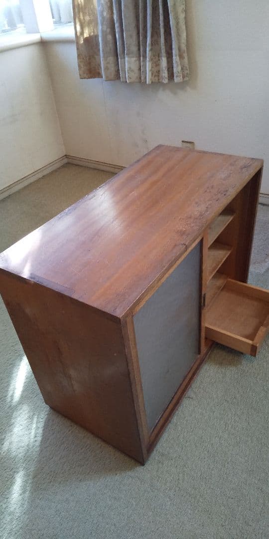 木製キャビネット ガラス扉付き 収納棚 左右計6棚 引出付 アンティーク レトロ