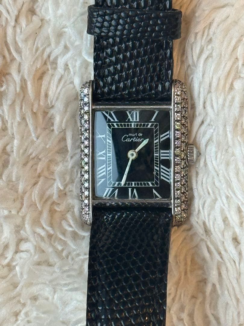 Cartierカルティエタンク 手巻きアフターダイヤ黒文字盤 レディース