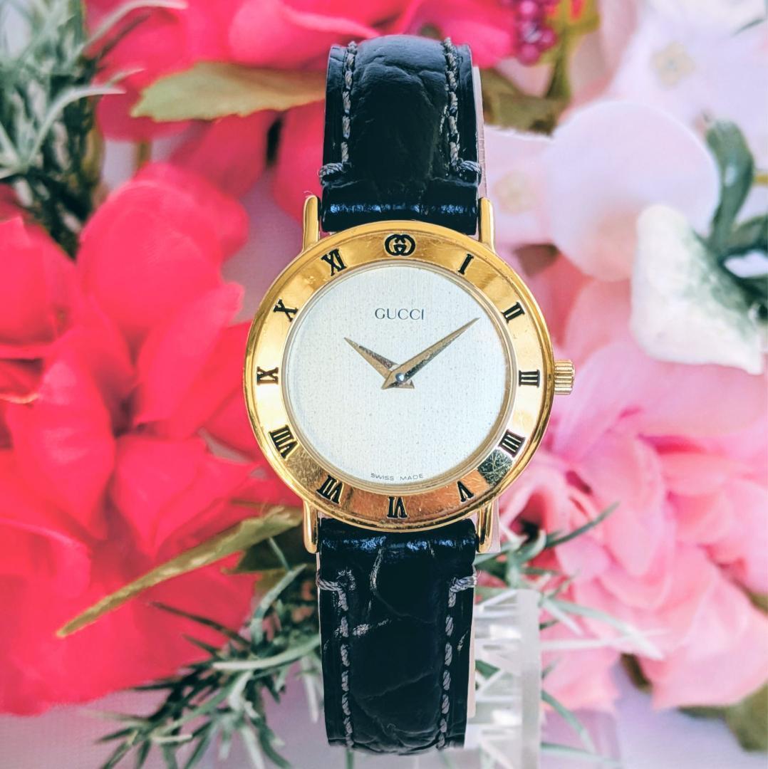 良品 GUCCI レディース腕時計ゴールド＆ブラック3000.2.L ゴージャス