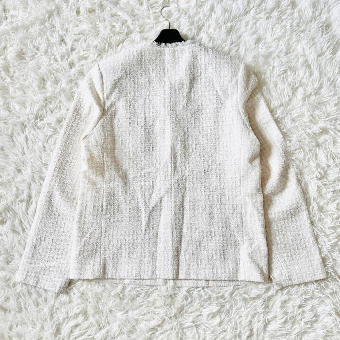 【新品タグ付き】PLST　ツイードジャケット　ノーカラー　金ボタン　フリンジ　L