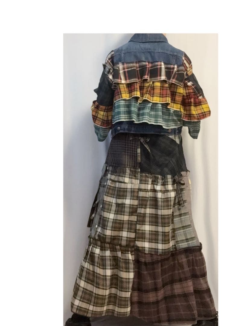 ③デニム・チェックフリルパッチワークジャケット 大きいサイズ/unisex